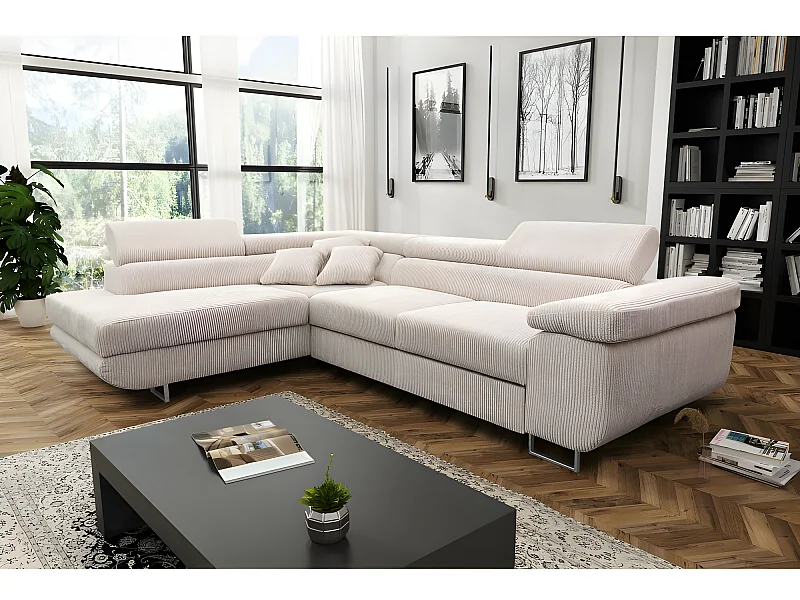 Canapé d'angle convertible ANTONI en velours côtelé beige angle gauche
