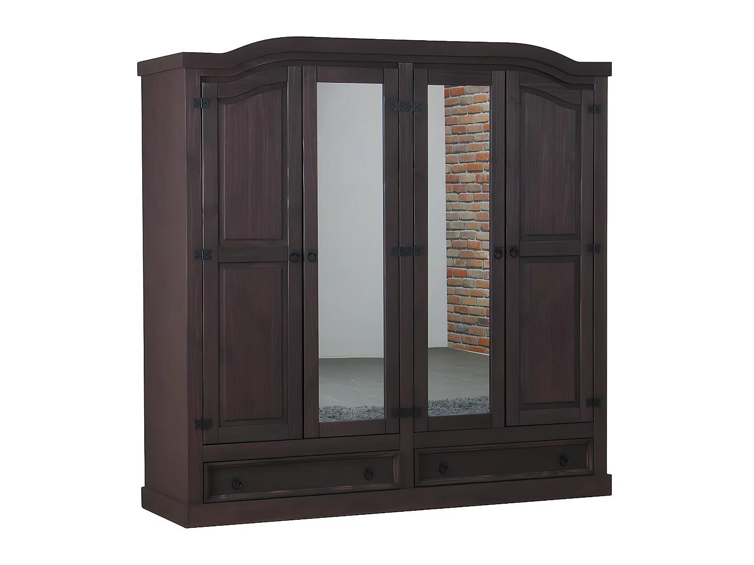 New Mexico Armoire 4 portes avec 2 portes miroir, 2 portes pleines et 2 tiroirs, largeur 194 cm, hauteur 193 cm, finition style colonial.
