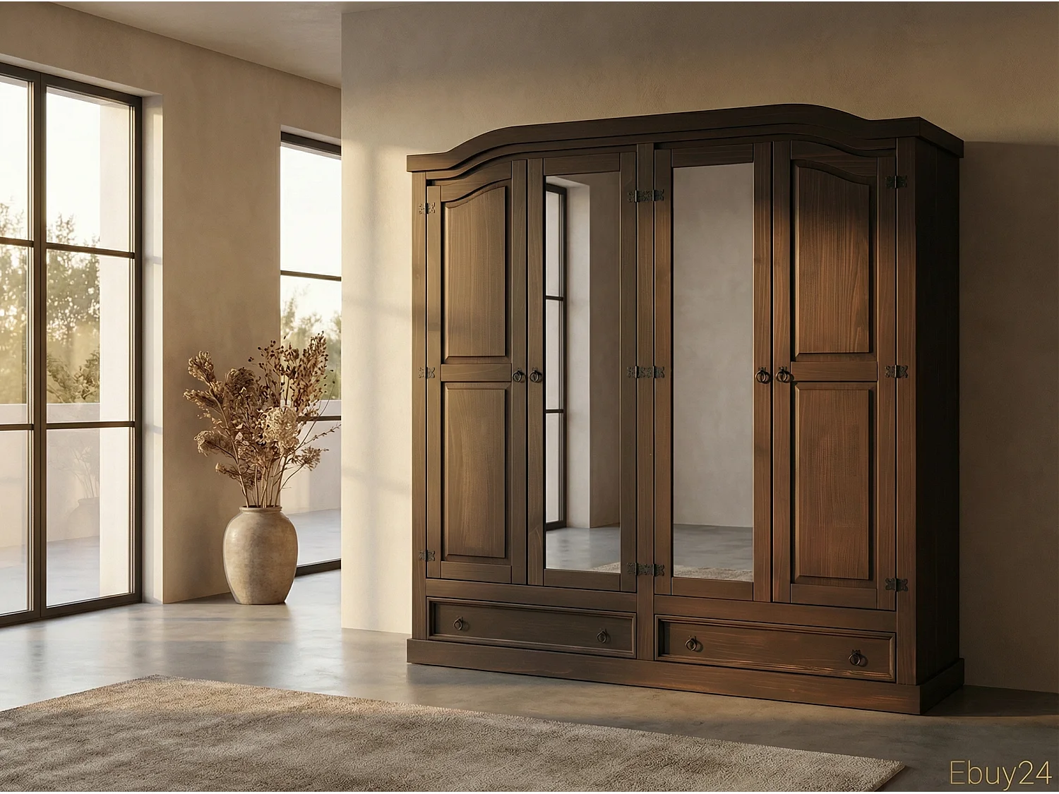 New Mexico Armoire 4 portes avec 2 portes miroir, 2 portes pleines et 2 tiroirs, largeur 194 cm, hauteur 193 cm, finition style colonial.