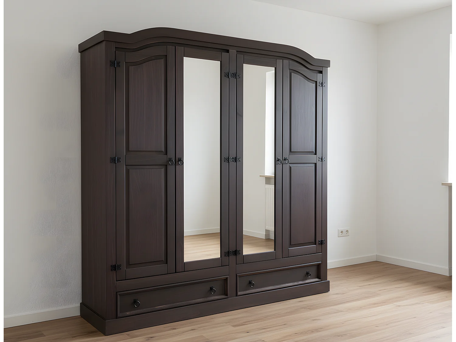 New Mexico Armoire 4 portes avec 2 portes miroir, 2 portes pleines et 2 tiroirs, largeur 194 cm, hauteur 193 cm, finition style colonial.