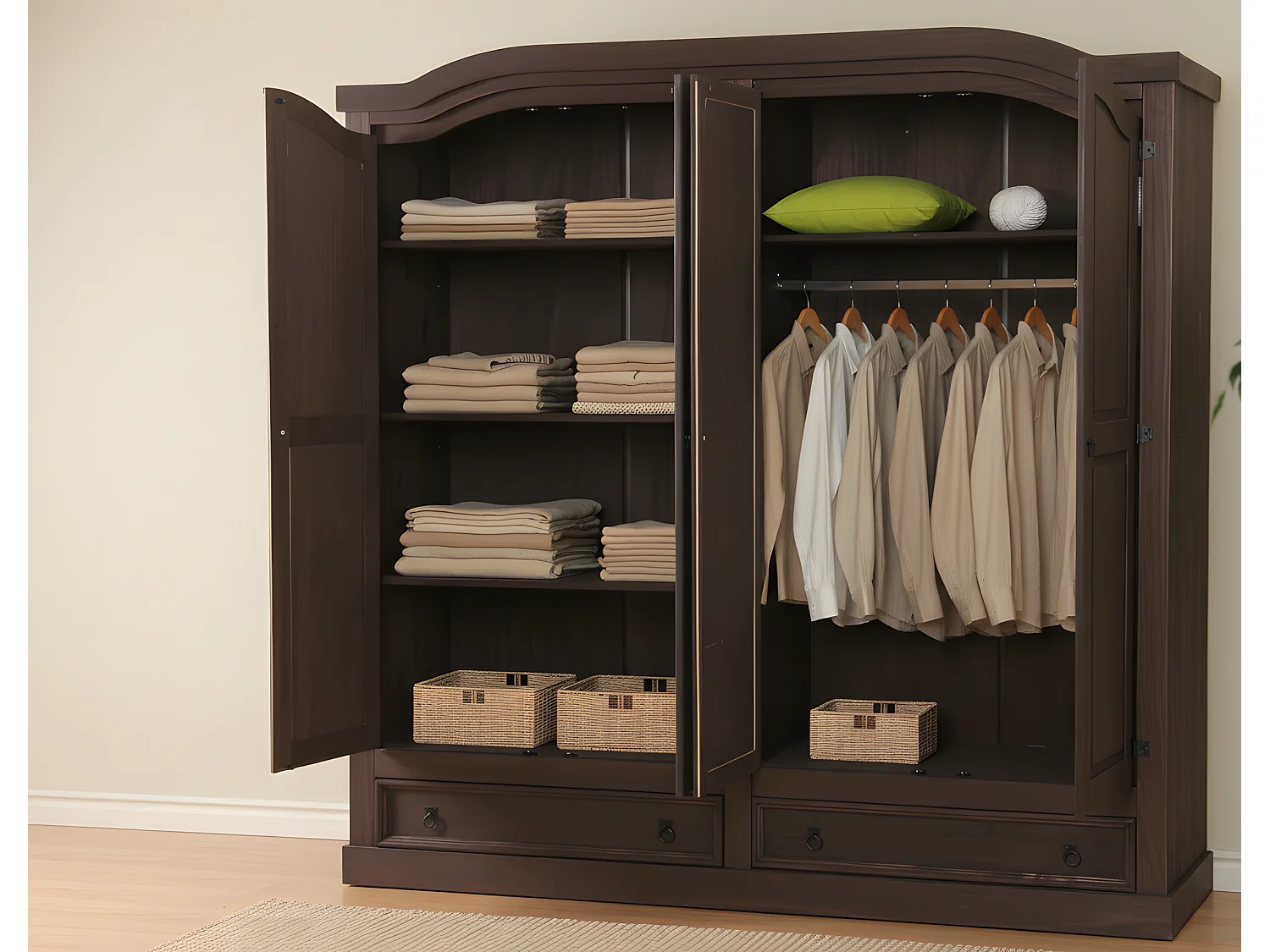 New Mexico Armoire 4 portes avec 2 portes miroir, 2 portes pleines et 2 tiroirs, largeur 194 cm, hauteur 193 cm, finition style colonial.