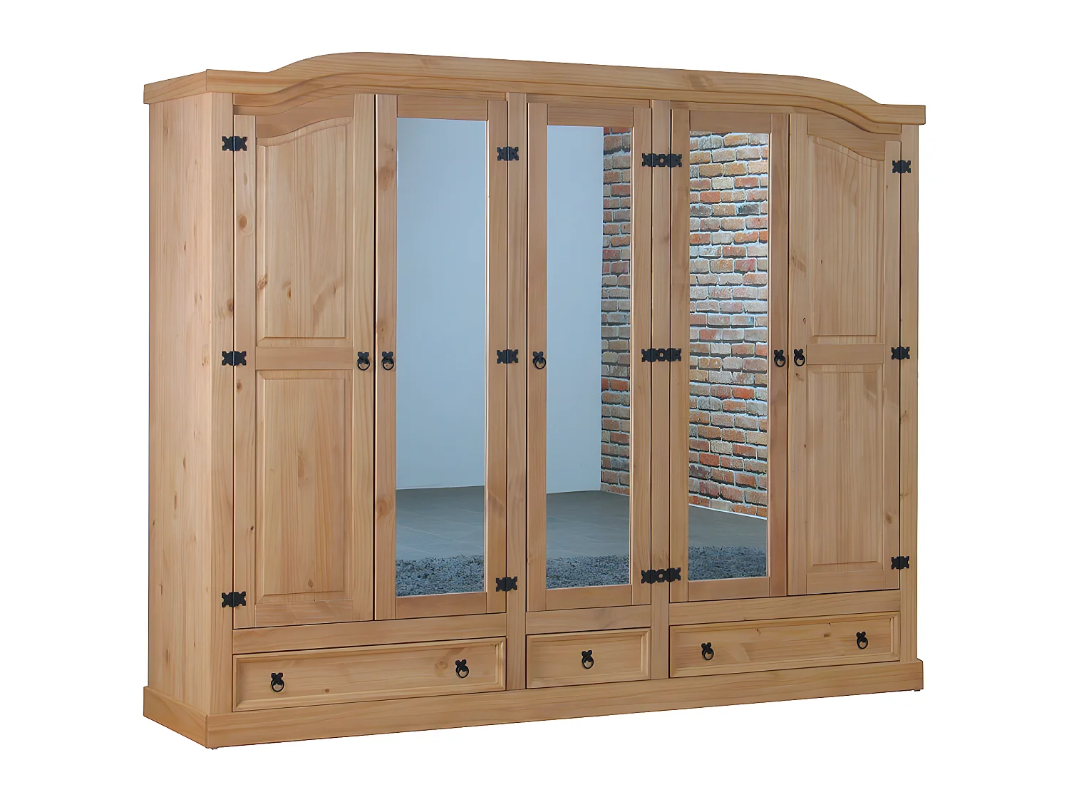 New Mexico Armoire 5 portes avec 3 portes miroirs, 2 portes lambrissées et 3 tiroirs, délavés, cirés.