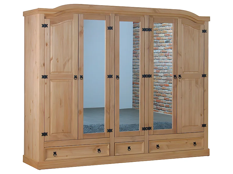 New Mexico Kleiderschrank 5 türig mit 3 Spiegeltüren, 2 getäfelten Türen und 3 Schubladen, gelaugt, gewachst.
