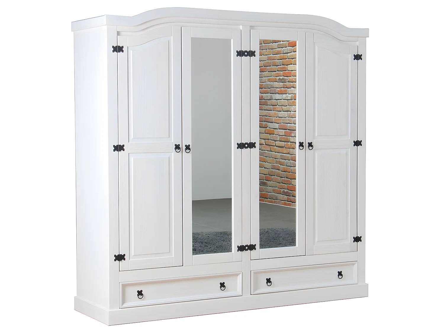 New Mexico Kleiderschrank 4-türig mit 2 Spiegeltüren, 2 Füllungstüren und 2 Schubladen, Breite 194 cm, Höhe 193 cm, weiss/gewachst.