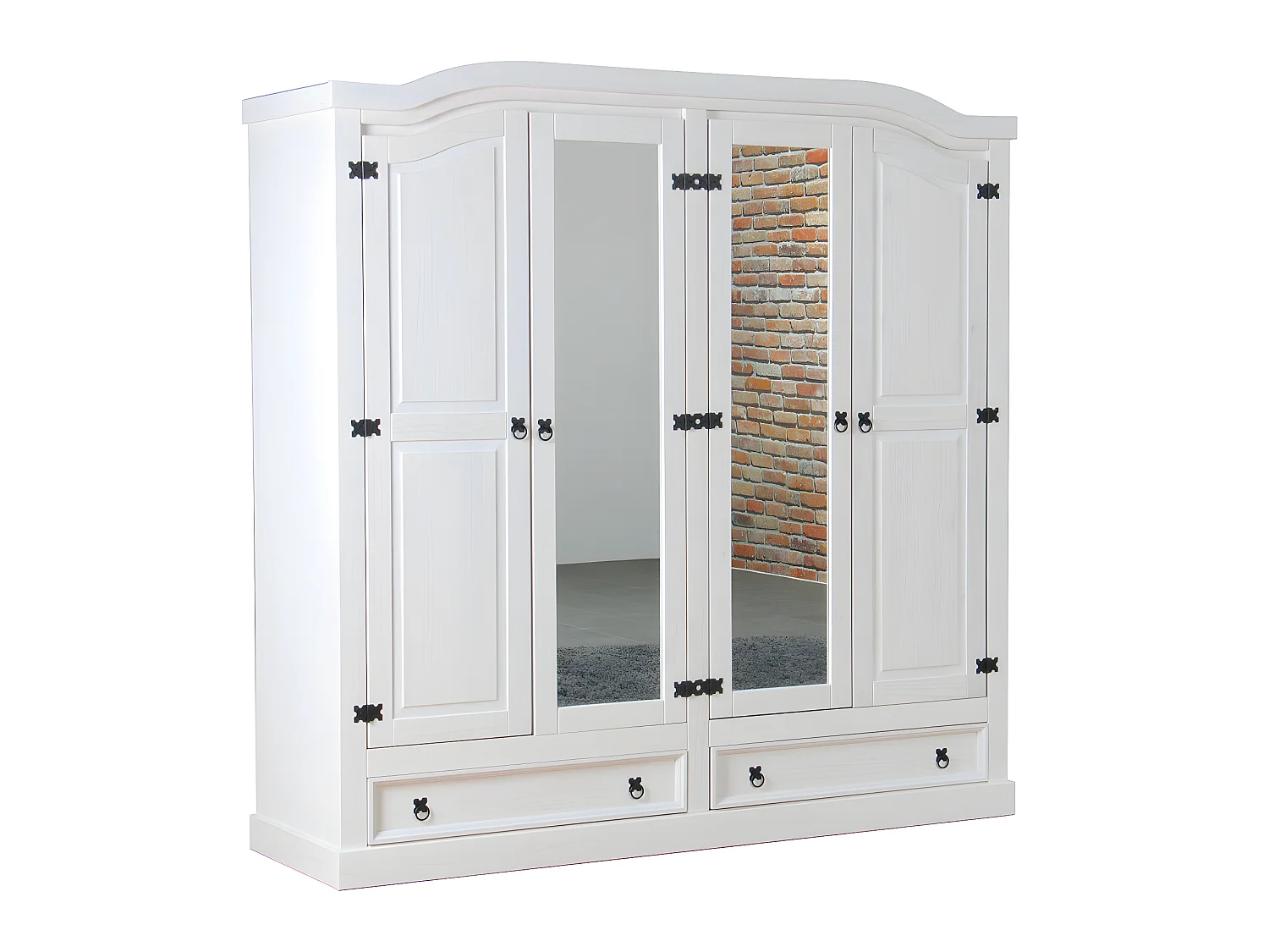 New Mexico Armoire 4 portes avec 2 portes miroir, 2 portes pleines et 2 tiroirs, largeur 194 cm, hauteur 193 cm, blanc/ciré.