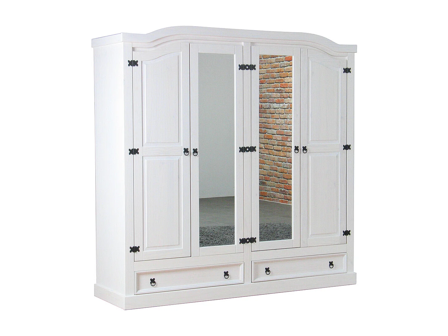 New Mexico Armoire 4 portes avec 2 portes miroir, 2 portes pleines et 2 tiroirs, largeur 194 cm, hauteur 193 cm, blanc/ciré.