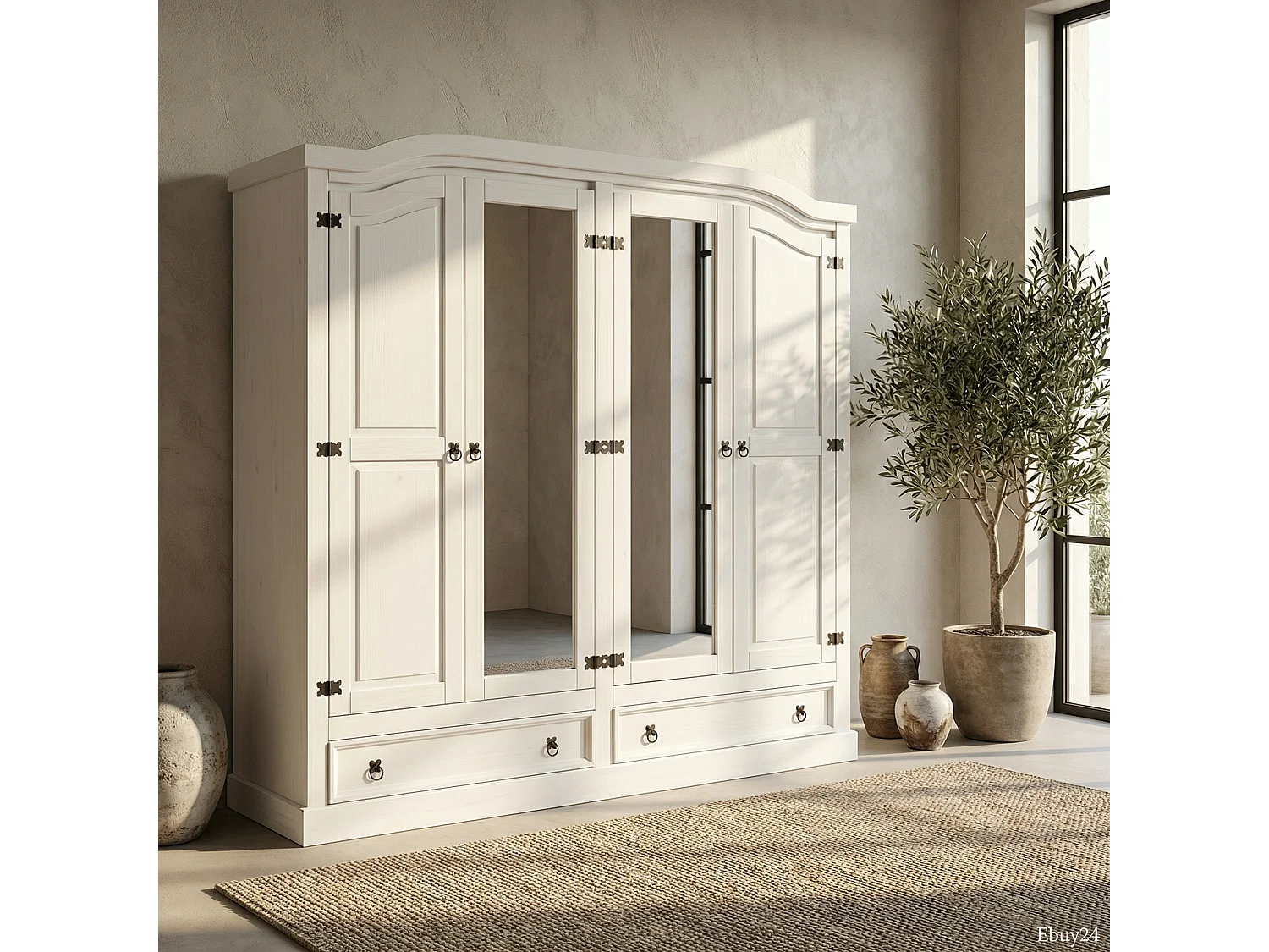 New Mexico Armoire 4 portes avec 2 portes miroir, 2 portes pleines et 2 tiroirs, largeur 194 cm, hauteur 193 cm, blanc/ciré.