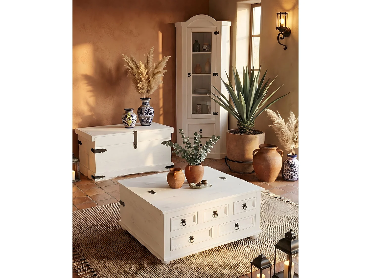 New Mexico Armoire 4 portes avec 2 portes miroir, 2 portes pleines et 2 tiroirs, largeur 194 cm, hauteur 193 cm, blanc/ciré.