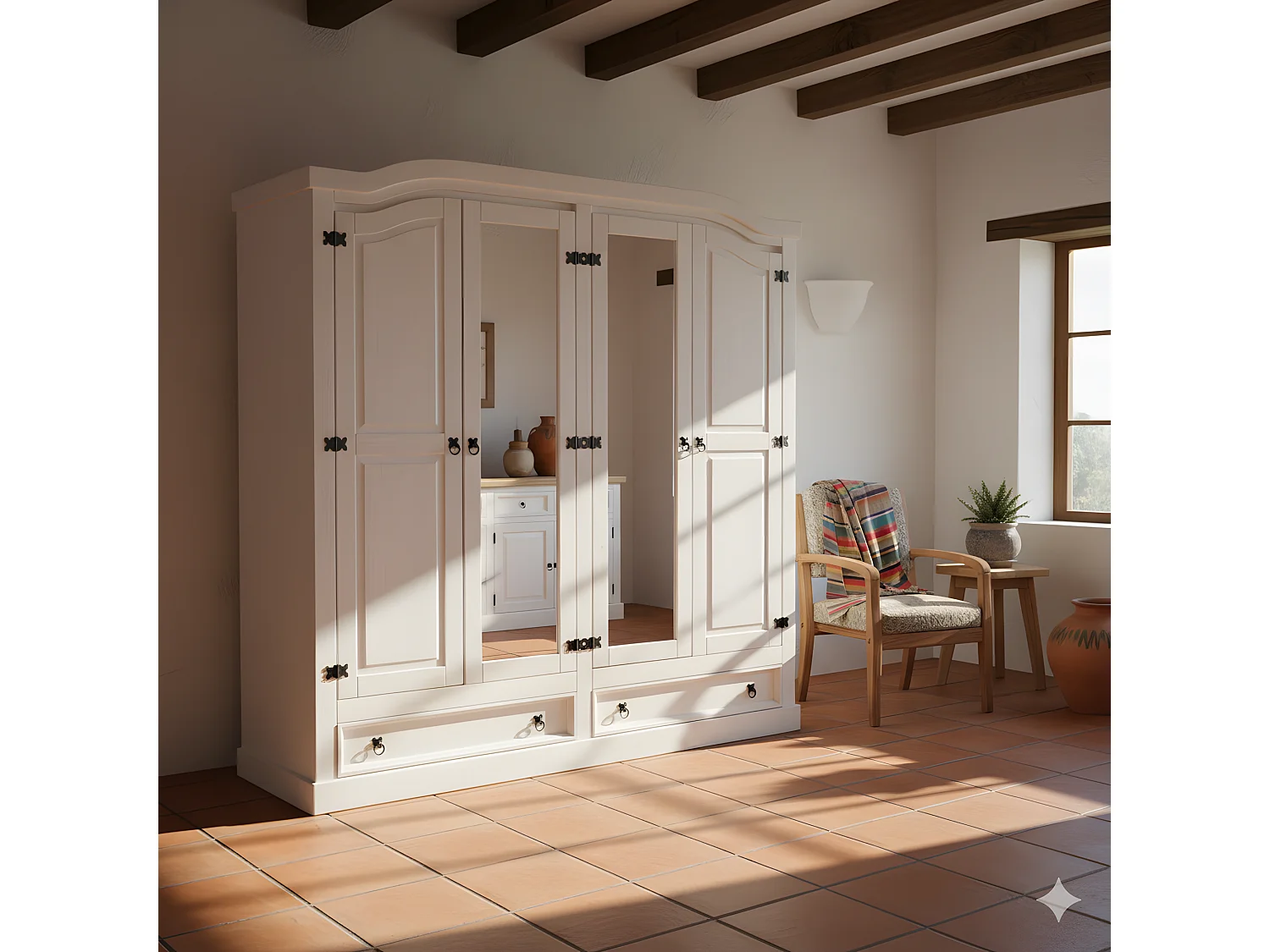New Mexico Armoire 4 portes avec 2 portes miroir, 2 portes pleines et 2 tiroirs, largeur 194 cm, hauteur 193 cm, blanc/ciré.