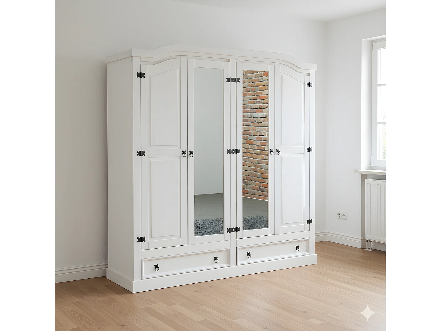 New Mexico Armoire 4 portes avec 2 portes miroir, 2 portes pleines et 2 tiroirs, largeur 194 cm, hauteur 193 cm, blanc/ciré.