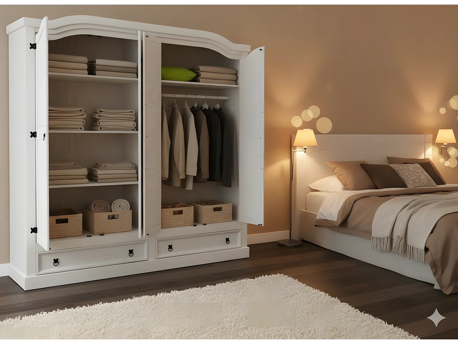 New Mexico Armoire 4 portes avec 2 portes miroir, 2 portes pleines et 2 tiroirs, largeur 194 cm, hauteur 193 cm, blanc/ciré.