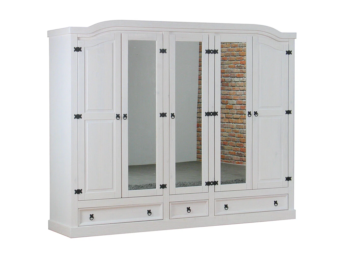 New Mexico Armoire 5 portes avec 3 portes miroirs, 2 portes lambrissées et 3 tiroirs en blanc ciré.