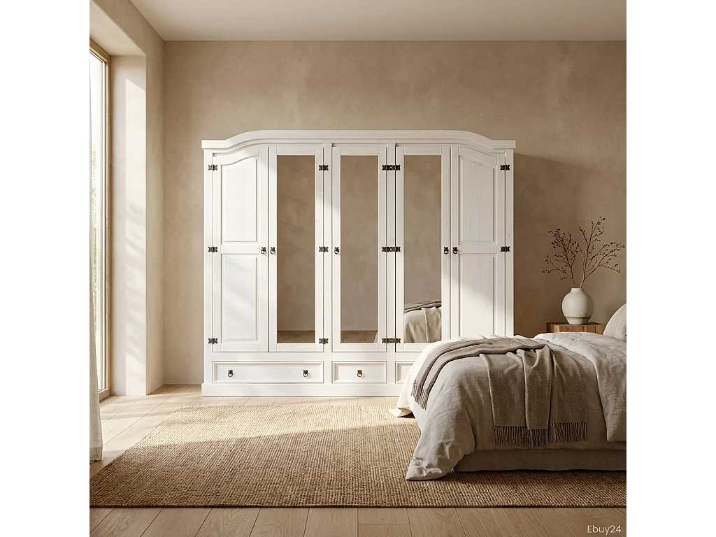 New Mexico Armoire 5 portes avec 3 portes miroirs, 2 portes lambrissées et 3 tiroirs en blanc ciré.