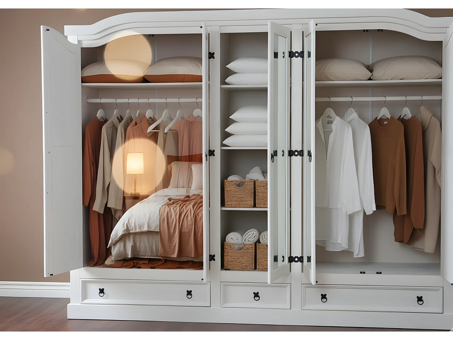 New Mexico Armoire 5 portes avec 3 portes miroirs, 2 portes lambrissées et 3 tiroirs en blanc ciré.