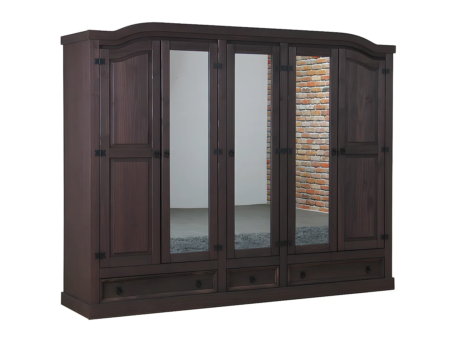 New Mexico Armoire 5 portes avec 3 portes miroirs, 2 portes lambrissées et 3 tiroirs, finition ciré en style colonial.