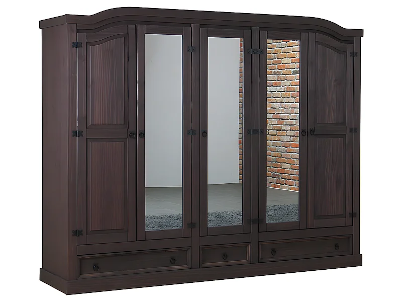 New Mexico Armoire 5 portes avec 3 portes miroirs, 2 portes lambrissées et 3 tiroirs, finition ciré en style colonial.