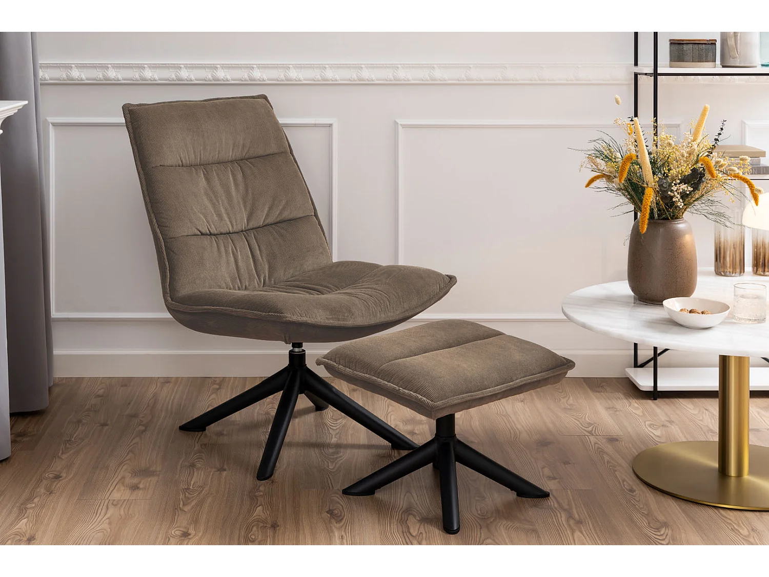 Bliwa fauteuil lounge fauteuil met kruk beige, zwart.