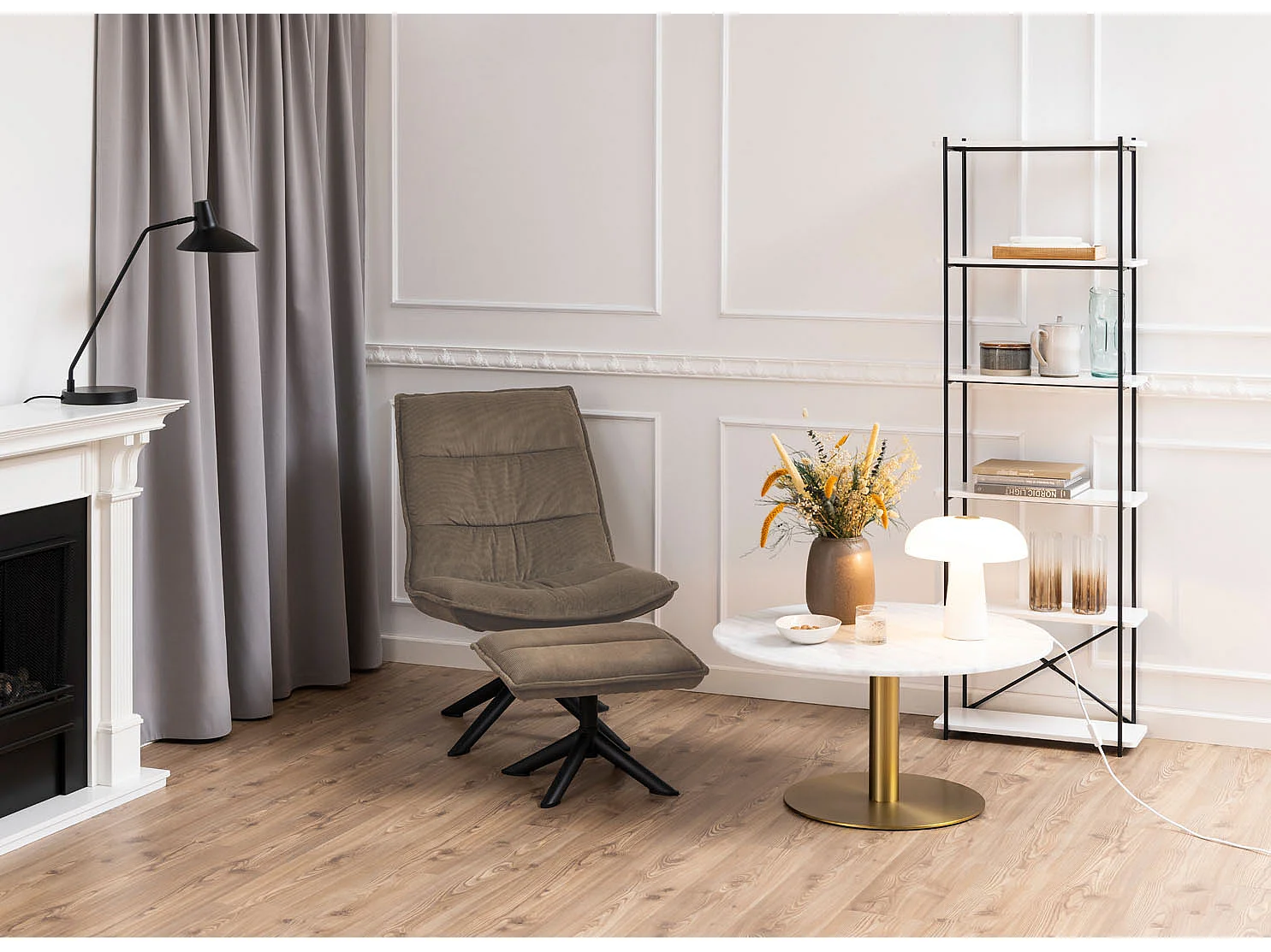 Bliwa fauteuil lounge fauteuil met kruk beige, zwart.