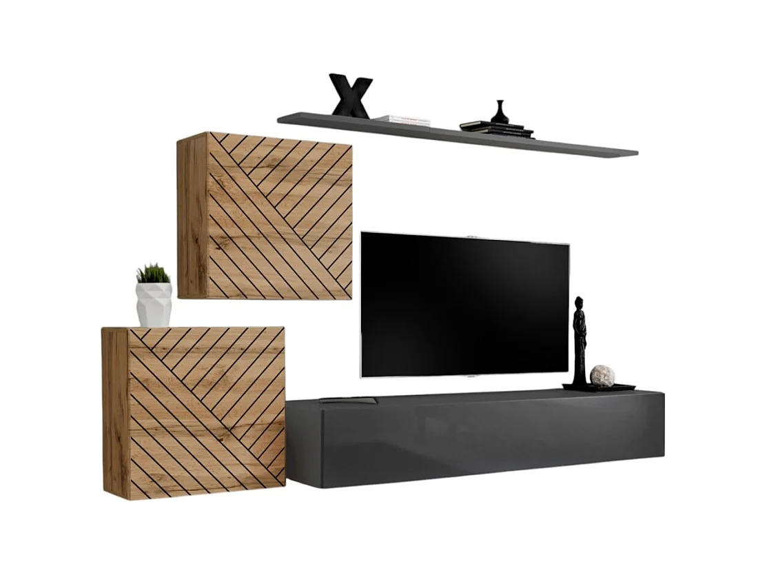 Ensemble de meubles design de salon SWITCH V, coloris chêne et gris finitions chêne fraisé et gris brillant.