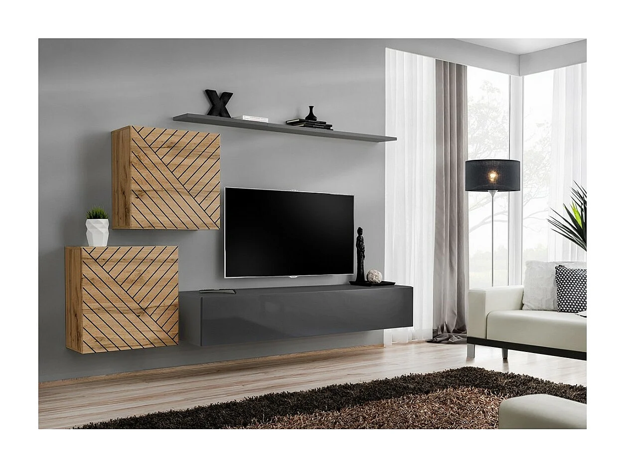 Set van design woonkamermeubels SWITCH V, in eiken en grijs met afwerkingen in gefreesd eiken en glanzend grijs.