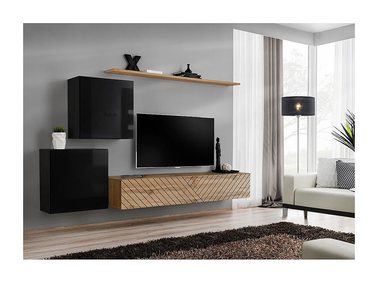 Designermöbel-Set für das Wohnzimmer SWITCH V, in Schwarz und Eiche. Oberflächen in glänzendem Schwarz und gefrästem Eichenholz.