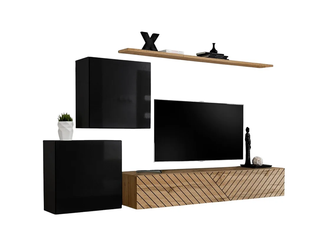 Ensemble de meubles design de salon SWITCH V, coloris noir et chêne. Finitions noir brillant et chêne fraisé.