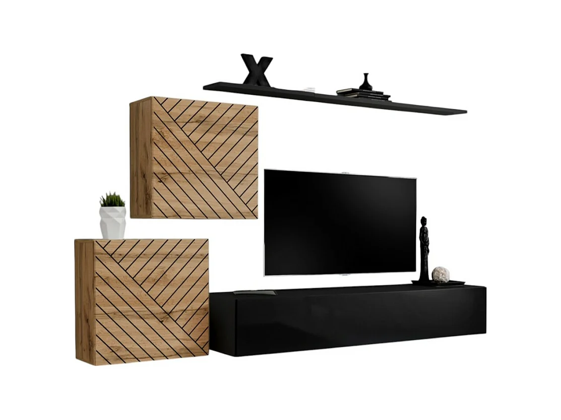 Ensemble meubles design salon SWITCH V, chêne/noir, finitions chêne fraisé et noir brillant