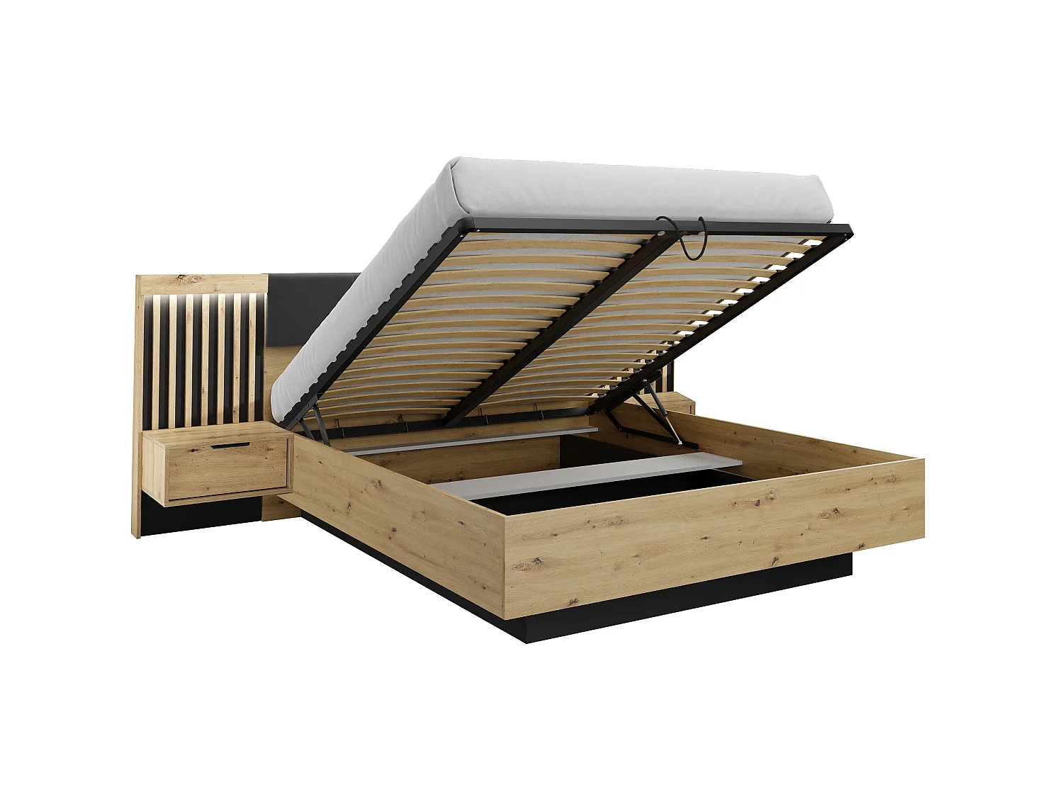 Schlafzimmer-Set - Bett mit Bettkasten & Nachttischen - 160 x 200 cm + Kommode + Kleiderschrank - Holzfarben & Schwarz - ARIADA