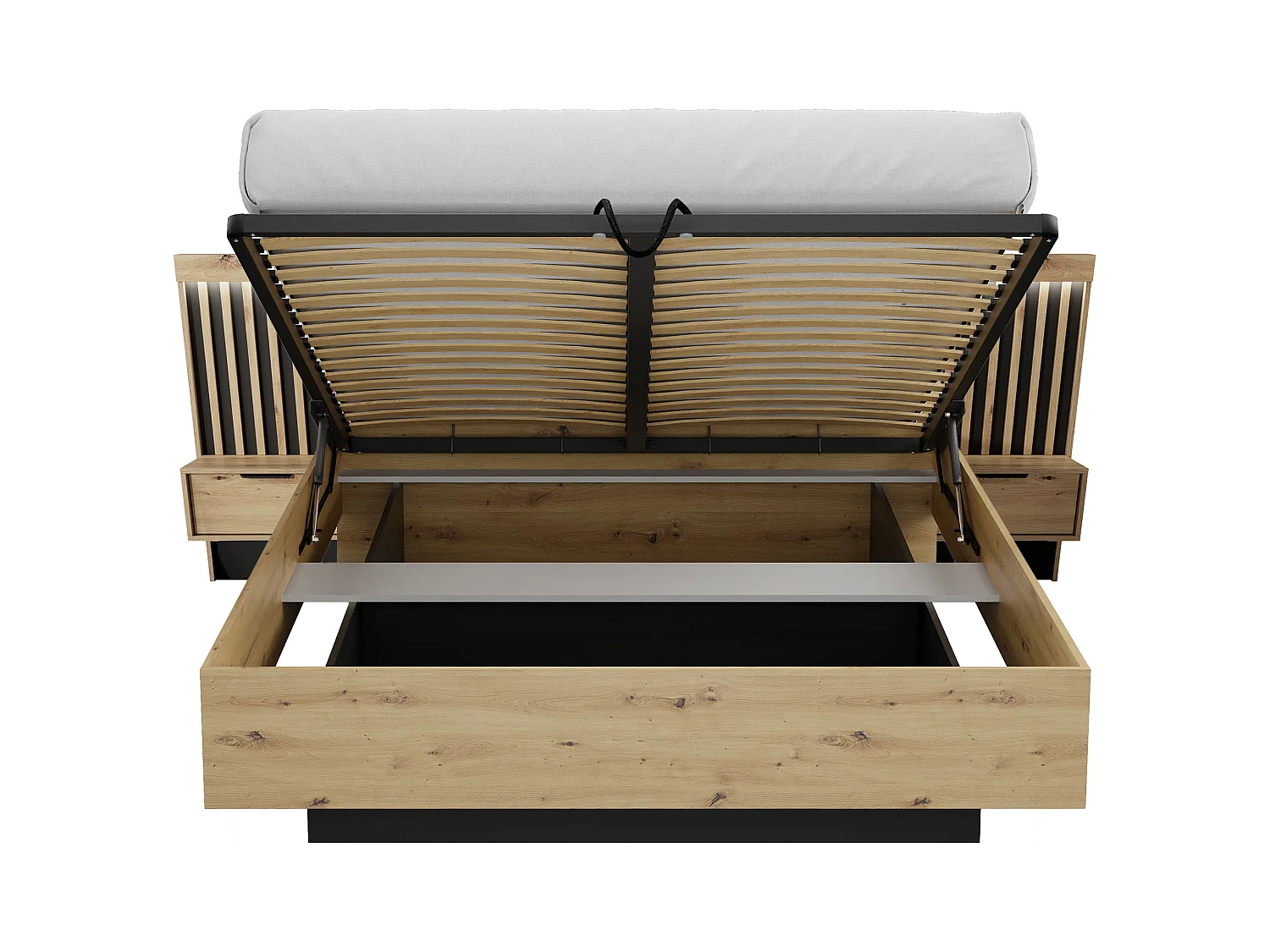 Schlafzimmer-Set - Bett mit Bettkasten & Nachttischen - 160 x 200 cm + Kommode + Kleiderschrank - Holzfarben & Schwarz - ARIADA