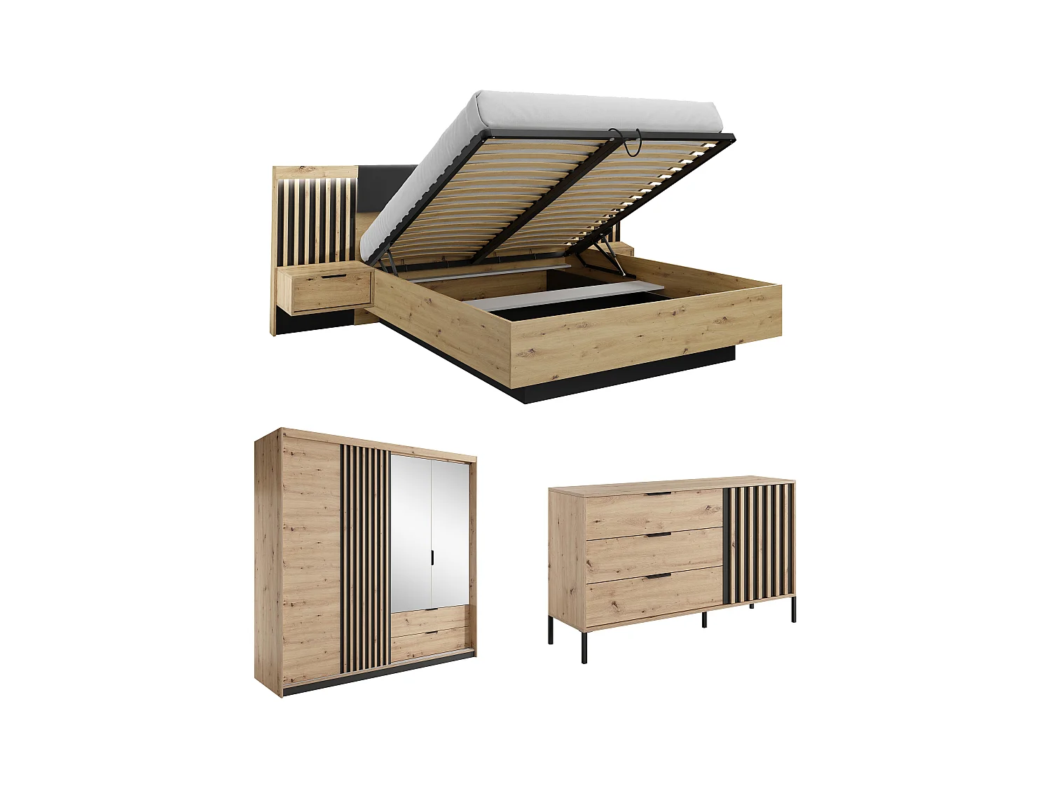 Conjunto de canapé abatible y mesitas de noche 160 x 200 cm + Cómoda + Armario - Color: Natural y negro - ARIADA