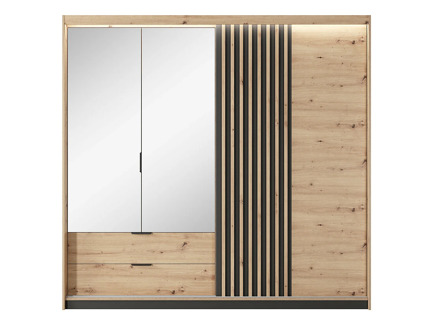 Ensemble lit coffre avec chevets 160 x 200 cm + Commode + Armoire - Coloris : Naturel et noir - ARIADA
