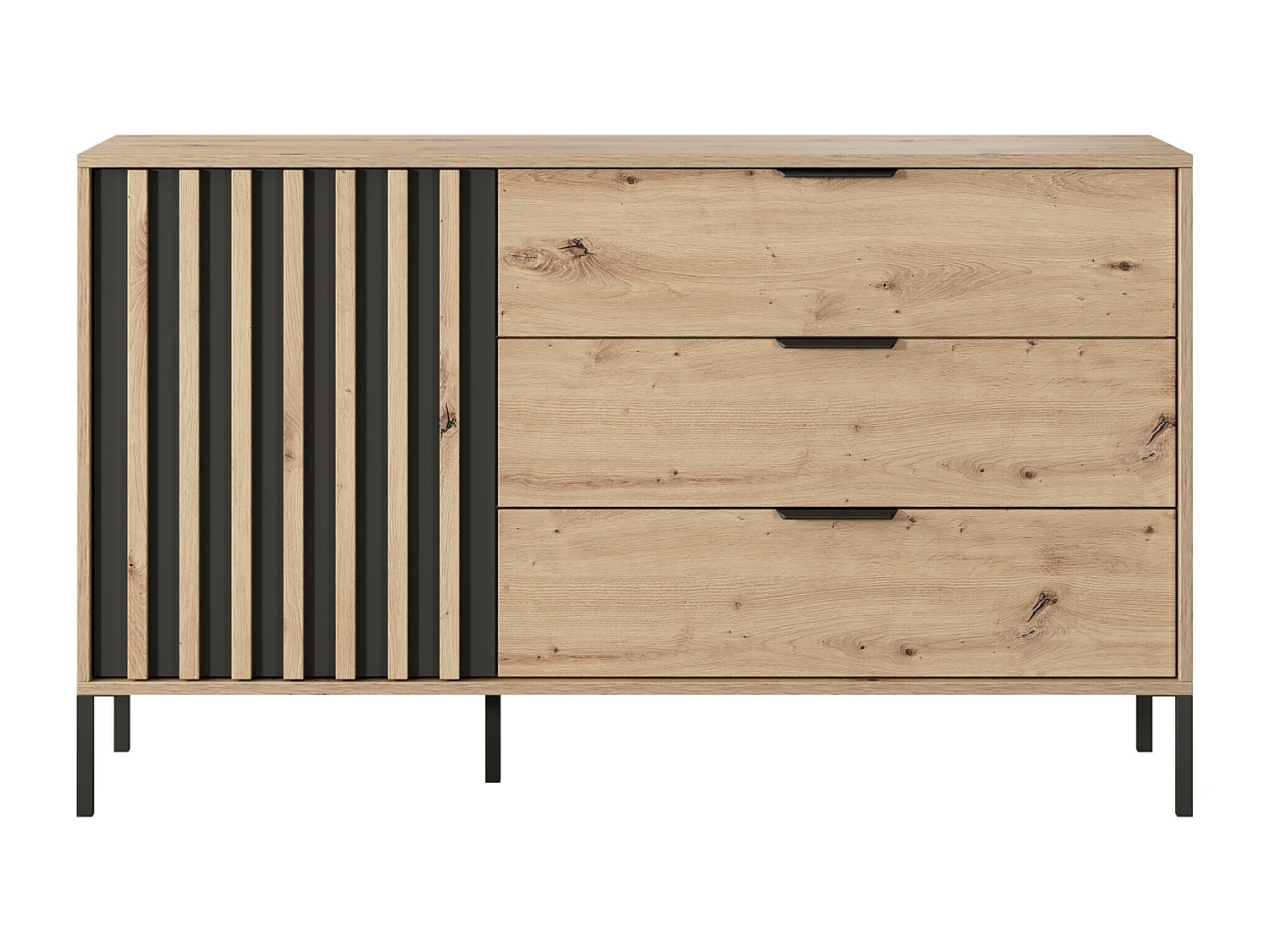 Ensemble lit coffre avec chevets 160 x 200 cm + Commode + Armoire - Coloris : Naturel et noir - ARIADA