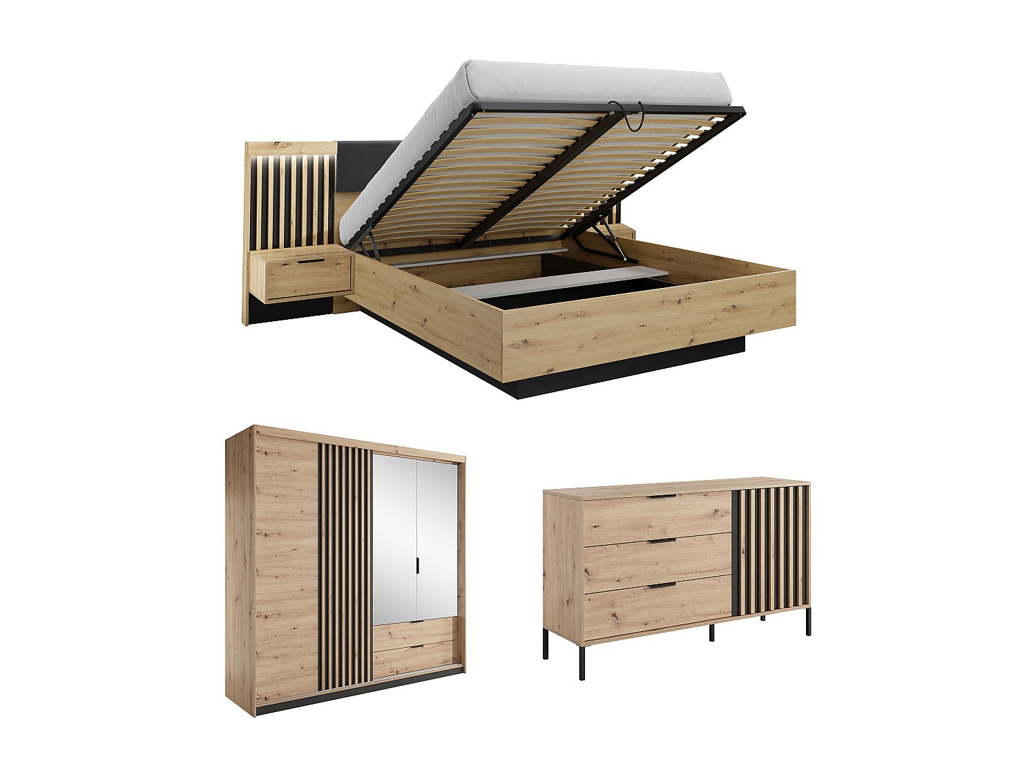 Schlafzimmer-Set - Bett mit Bettkasten & Nachttischen - 160 x 200 cm + Komm günstig online kaufen