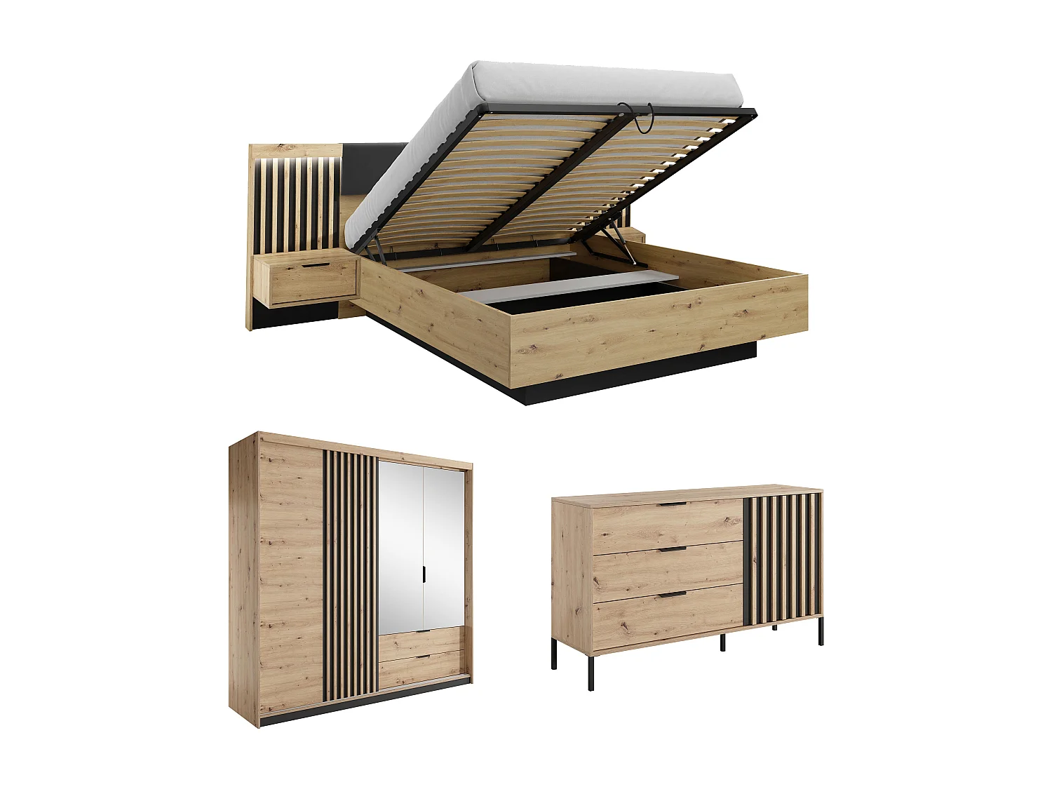 Ensemble lit coffre avec chevets 160 x 200 cm + Commode + Armoire - Coloris : Naturel et noir - ARIADA
