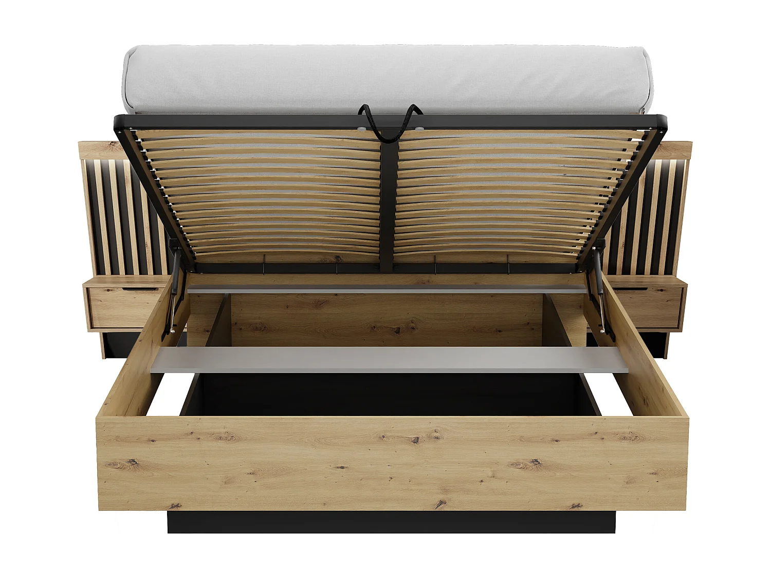 Ensemble lit coffre avec chevets 160 x 200 cm + Commode + Armoire - Coloris : Naturel et noir - ARIADA