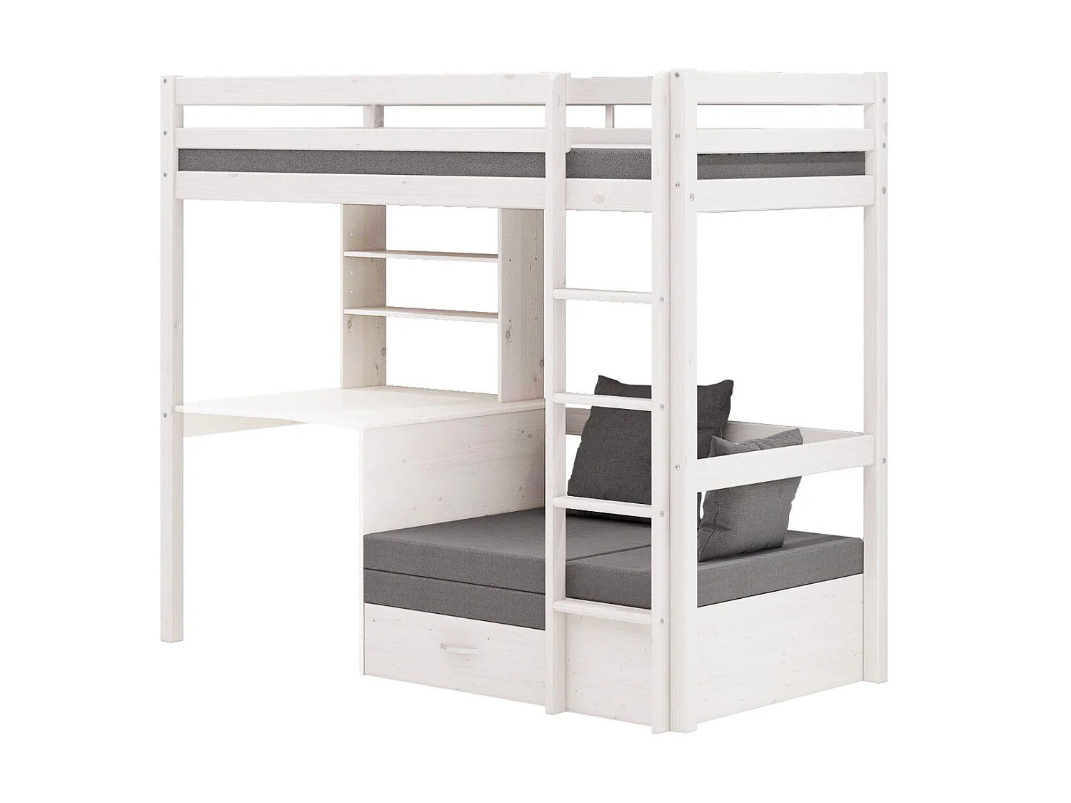 Lit superposé pour enfants, canapé, sommier à lattes, matelas, bureau et étagère, blanc/gris clair.