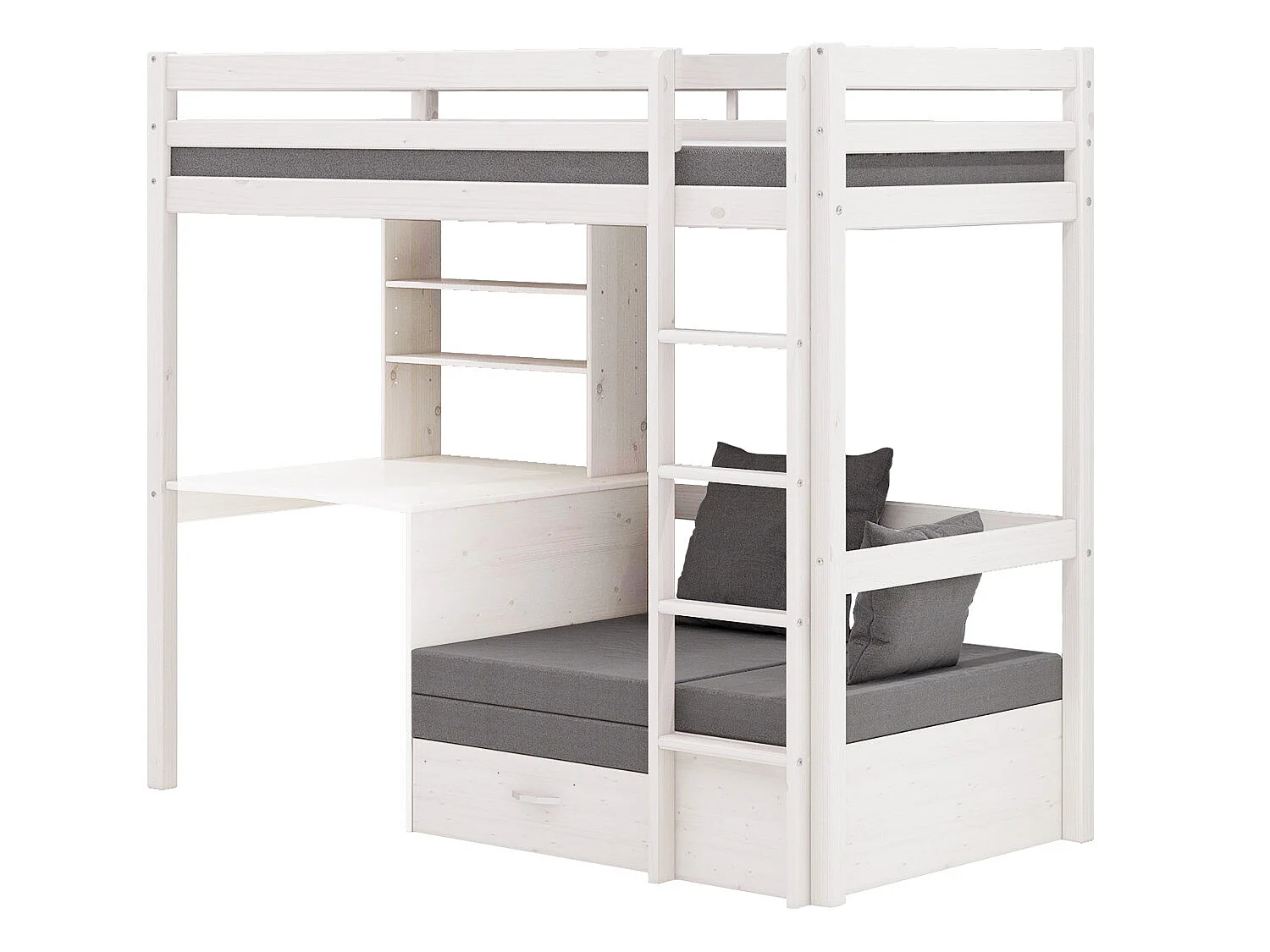 Lit superposé pour enfants, canapé, sommier à lattes, matelas, bureau et étagère, blanc/gris clair.