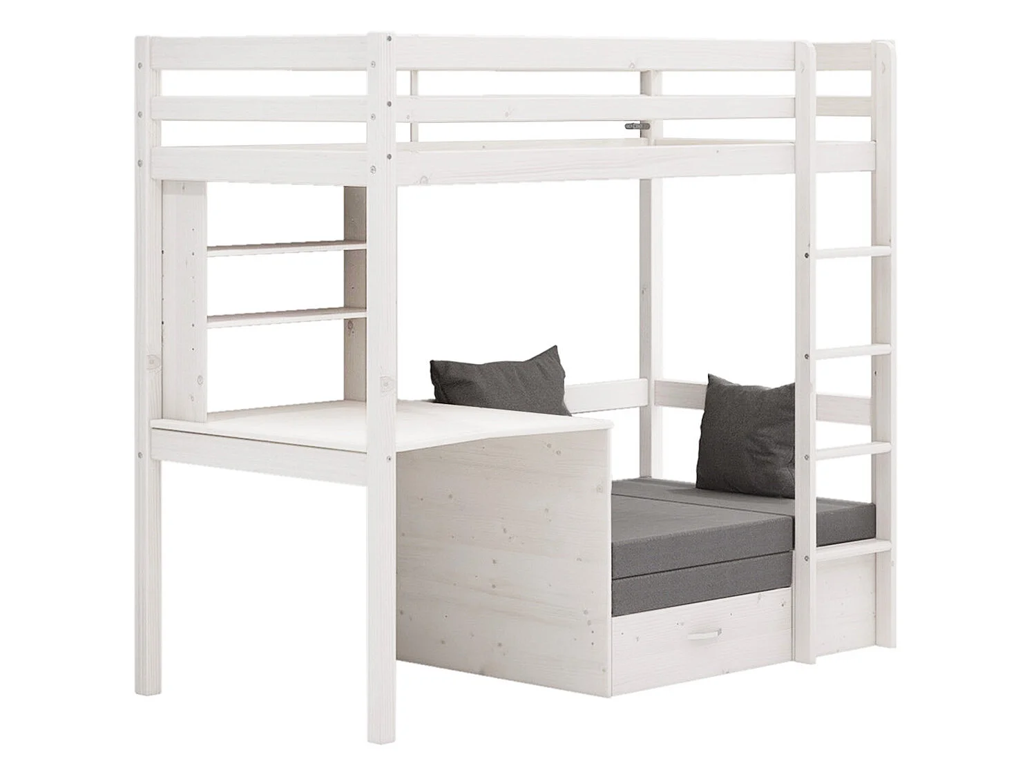Lit superposé pour enfants, canapé, sommier à lattes, matelas, bureau et étagère, blanc/gris clair.