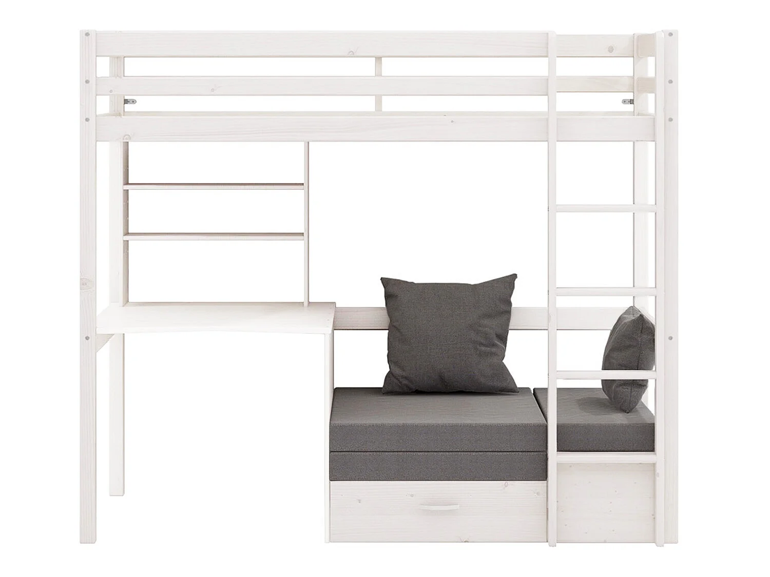 Lit superposé pour enfants, canapé, sommier à lattes, matelas, bureau et étagère, blanc/gris clair.