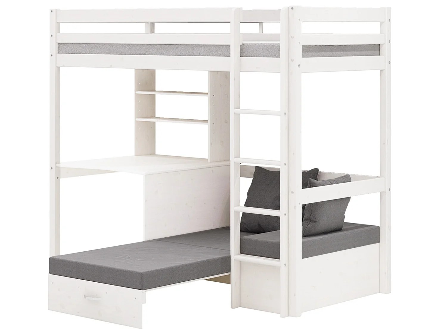 Lit superposé pour enfants, canapé, sommier à lattes, matelas, bureau et étagère, blanc/gris clair.