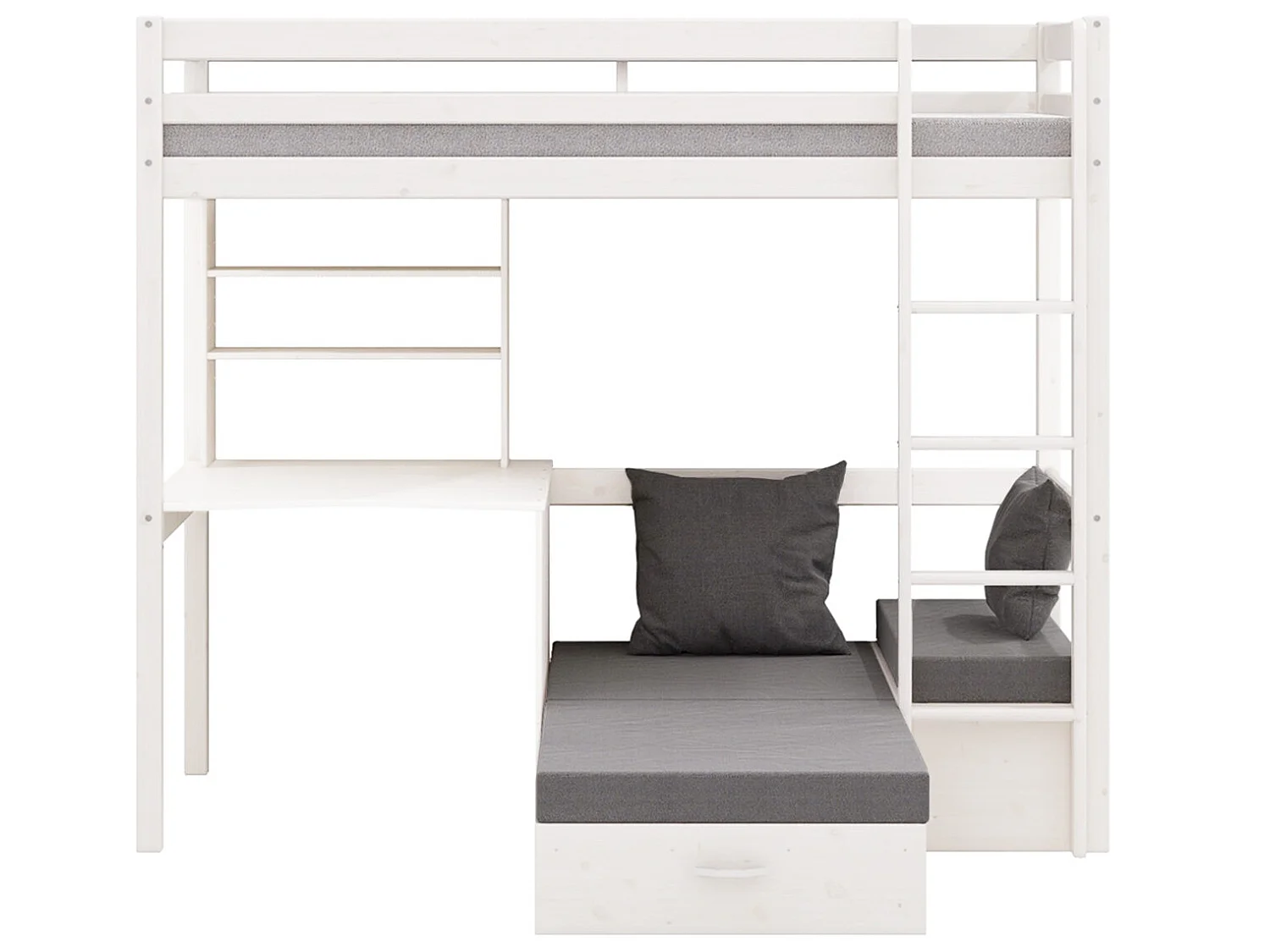 Lit superposé pour enfants, canapé, sommier à lattes, matelas, bureau et étagère, blanc/gris clair.