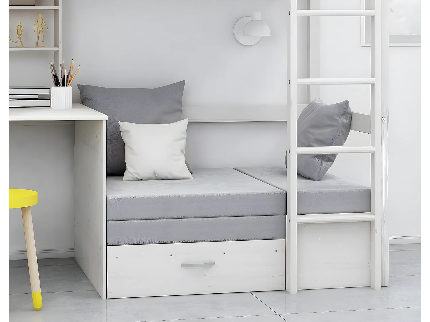Lit superposé pour enfants, canapé, sommier à lattes, matelas, bureau et étagère, blanc/gris clair.