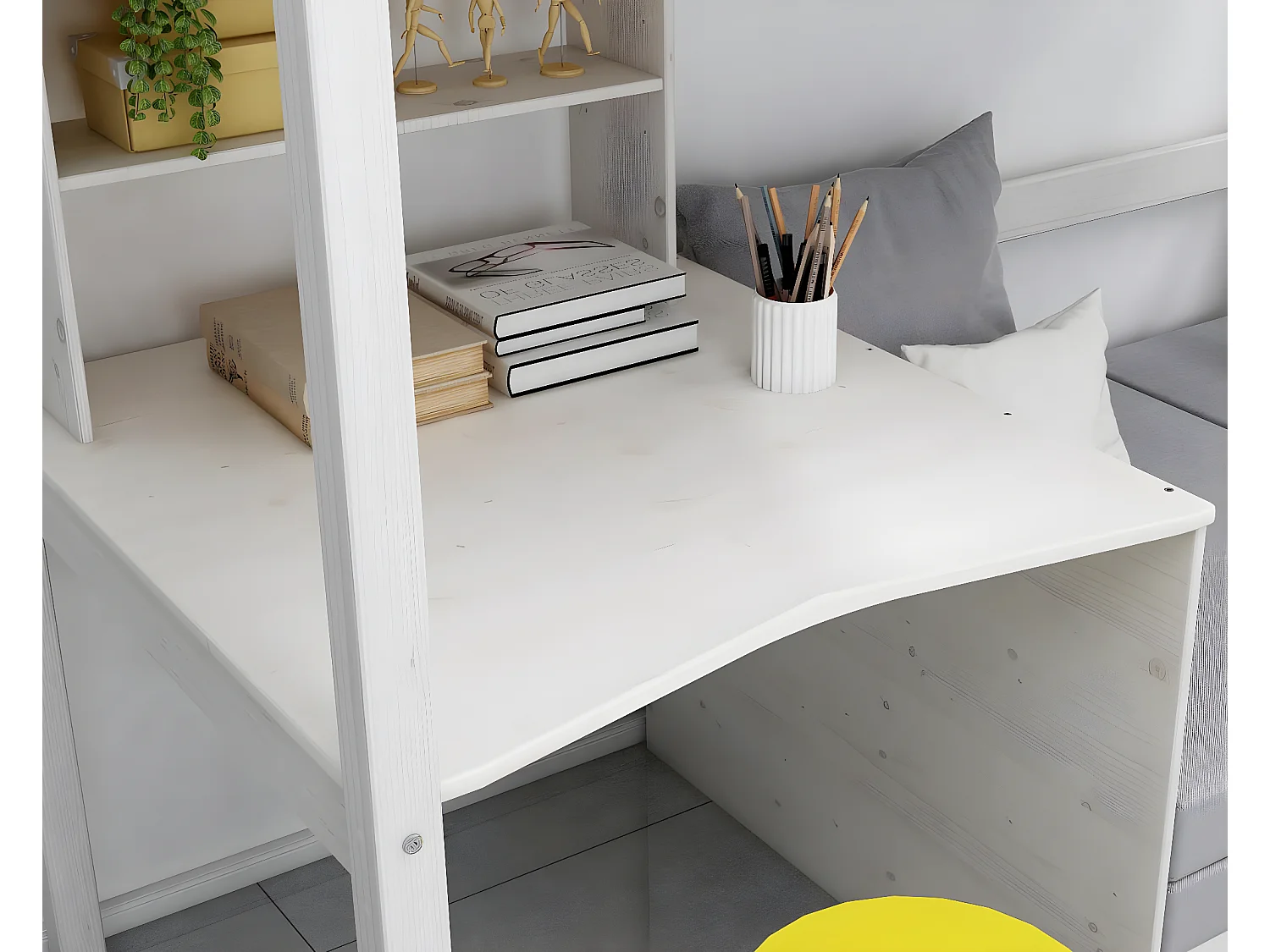 Lit superposé pour enfants, canapé, sommier à lattes, matelas, bureau et étagère, blanc/gris clair.