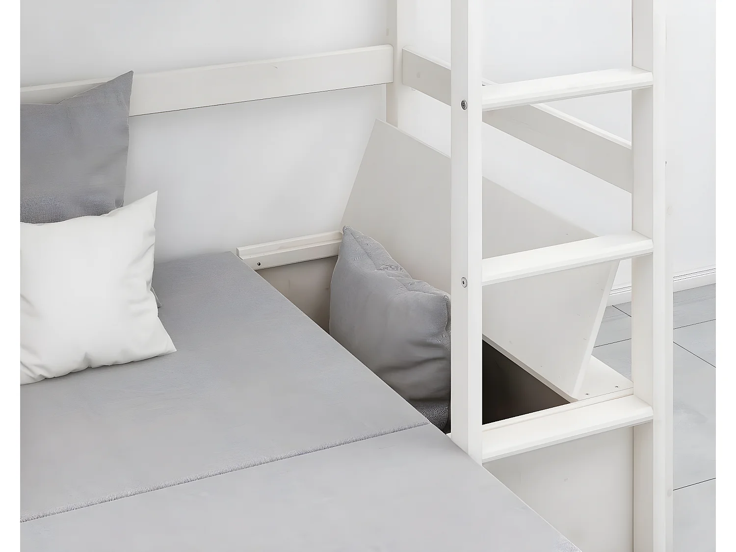 Lit superposé pour enfants, canapé, sommier à lattes, matelas, bureau et étagère, blanc/gris clair.