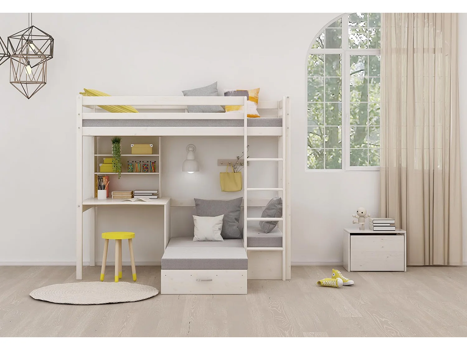 Lit superposé pour enfants, canapé, sommier à lattes, matelas, bureau et étagère, blanc/gris clair.