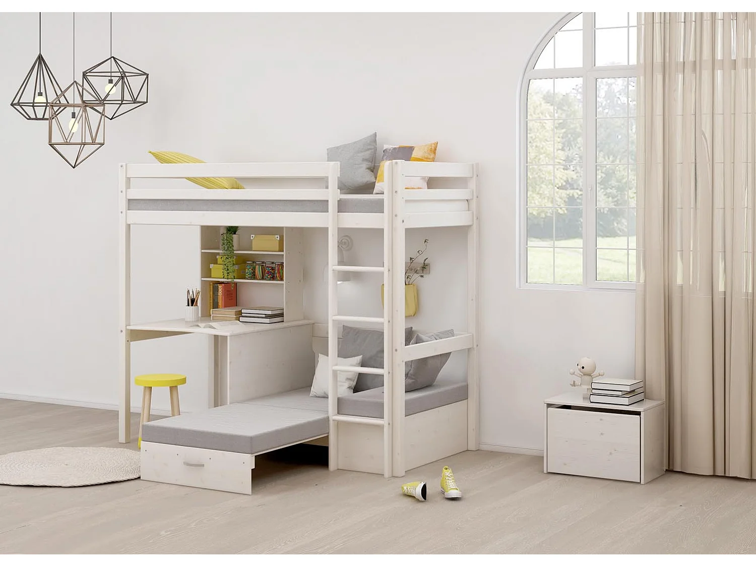 Lit superposé pour enfants, canapé, sommier à lattes, matelas, bureau et étagère, blanc/gris clair.