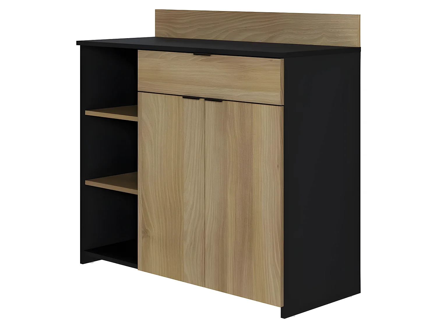 Buffet Cuisine - 2 portes + 1 tiroir - Mélaminé chene et noir - L 100 x P 42 x H 95 cm