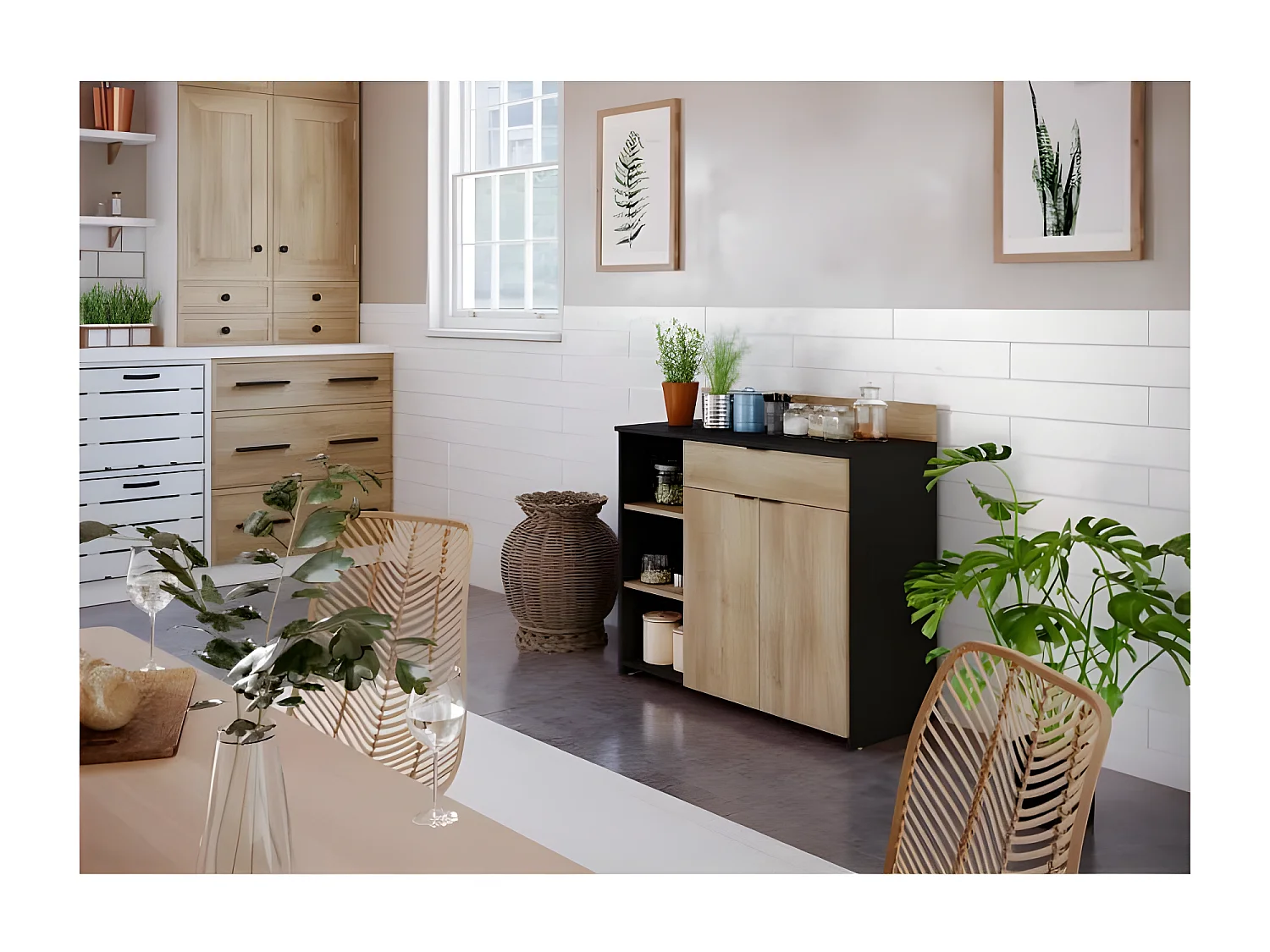 Buffet Cuisine - 2 portes + 1 tiroir - Mélaminé chene et noir - L 100 x P 42 x H 95 cm