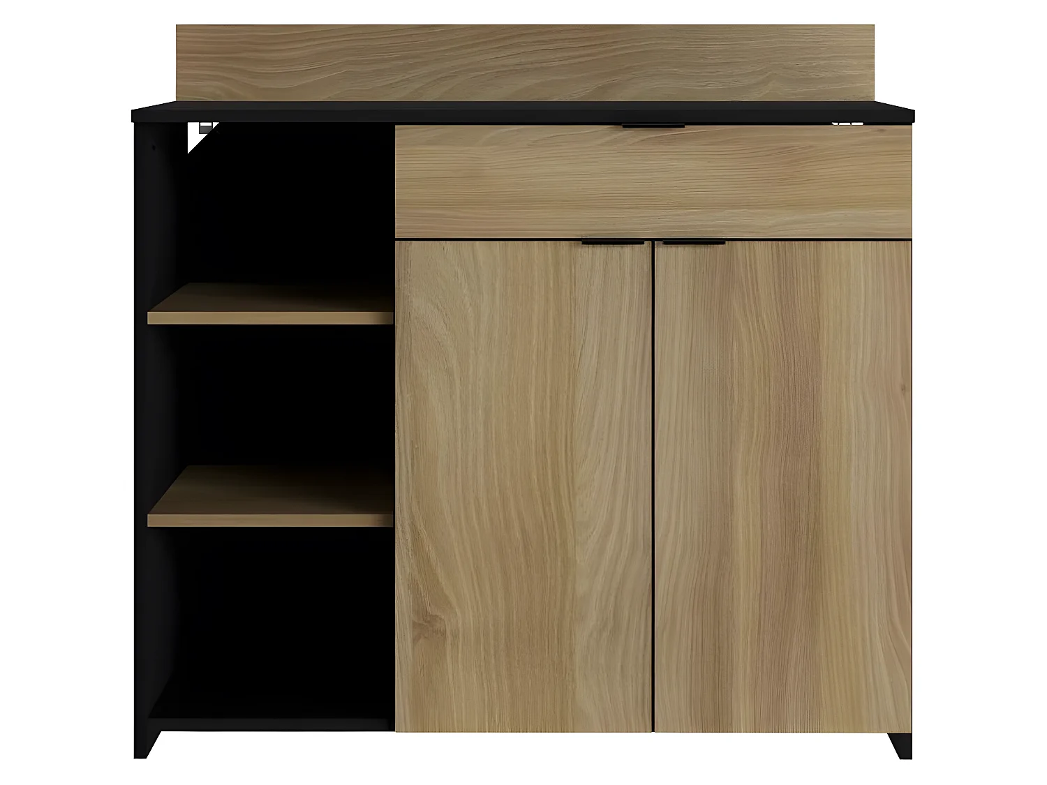 Buffet Cuisine - 2 portes + 1 tiroir - Mélaminé chene et noir - L 100 x P 42 x H 95 cm