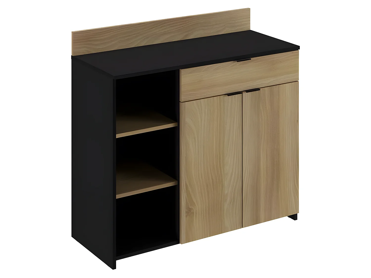 Buffet Cuisine - 2 portes + 1 tiroir - Mélaminé chene et noir - L 100 x P 42 x H 95 cm